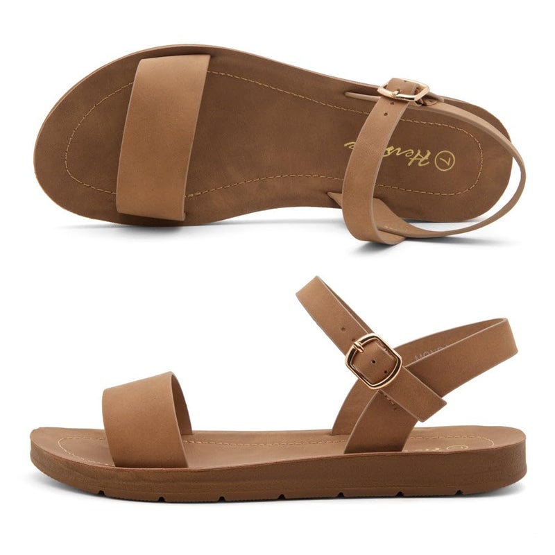 Herstyle Flat Sandals for Women â€“ Open Toe One Band Ankle Strap Summer Dressy Sandals, Lightweight Casual Strappy Slip-On Flats with Adjustable Buckle, Tan, Size 11.0, Monday - Image 4